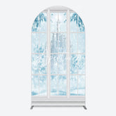 Aperturee - Aperturee Winter Snowy Blue Castle Window Scene Arch Backdrop